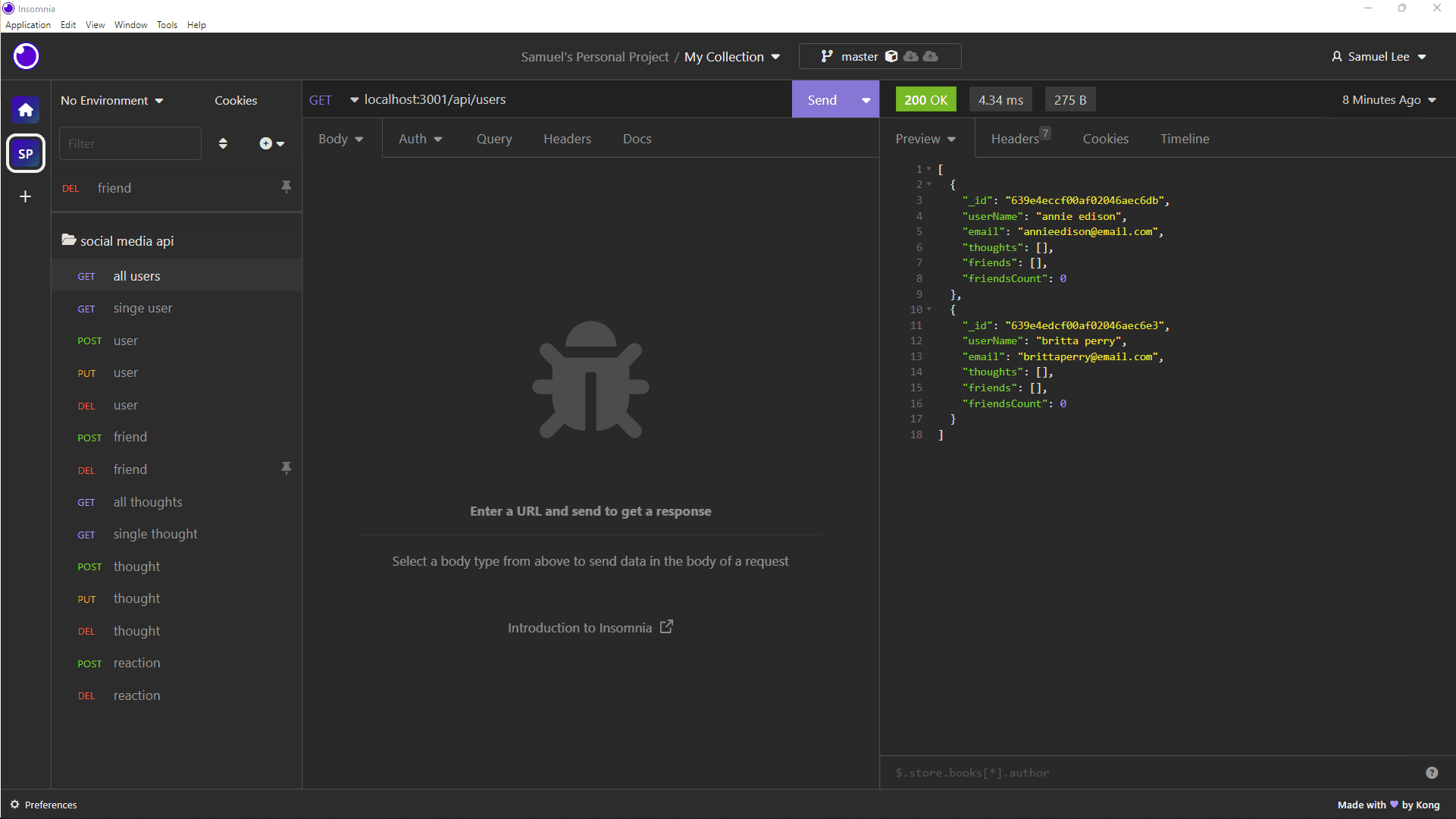Back-end application for an API for a potential social media website